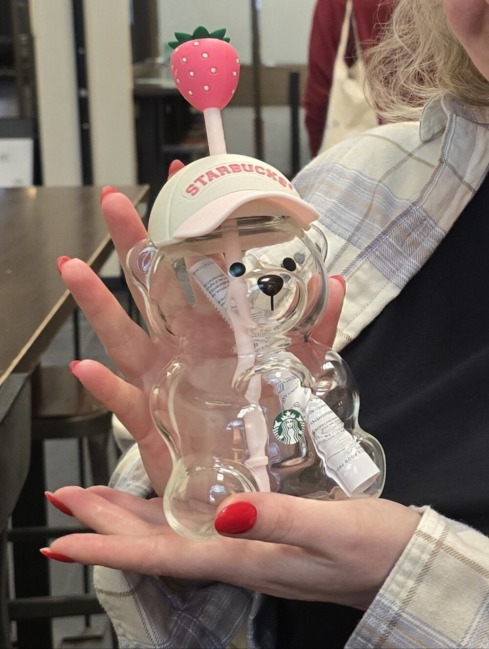 Starbucks Clear Bear Glass Cup with Pink Strawberry Straw - Picture 1 of 1